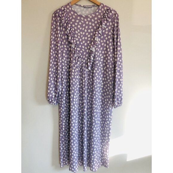 Zara Dresses & Skirts - Zara Womens Midi Dress Small Purple White Polka Dot Stretch Ruffle Victorian